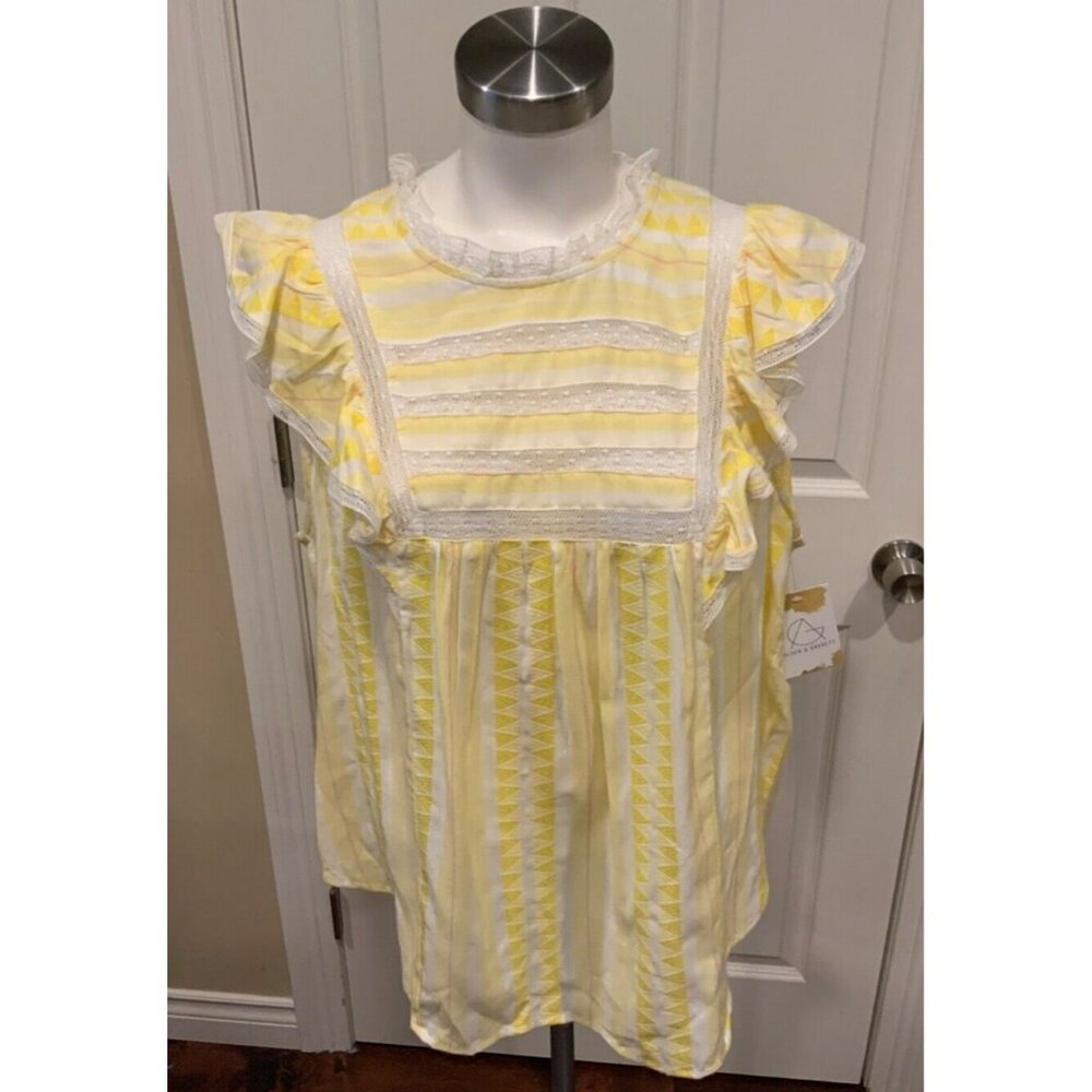 Ella Moss Yellow & White Striped Kinslee Shirt W/Lace Trim & Ruffle, Size XL NWT